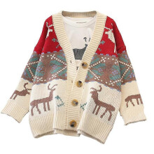 (White) Women Autumn Long Sleeve Sweater Cardigan Christmas Reindeer Snowflake Jacquard Knitwear Coat Colorblock Button Down Oversized Loose Jacket