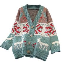 (Green) Women Autumn Long Sleeve Sweater Cardigan Christmas Reindeer Snowflake Jacquard Knitwear Coat Colorblock Button Down Oversized Loose Jacket