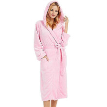 (XL, Pink) Women Dressing Gown Hooded Fleece Lined Fluffy Bathrobe