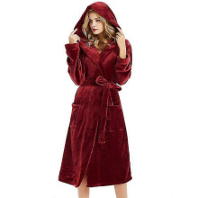 (XL, Wine Red) Women Dressing Gown Hooded Fleece Lined Fluffy Bathrobe