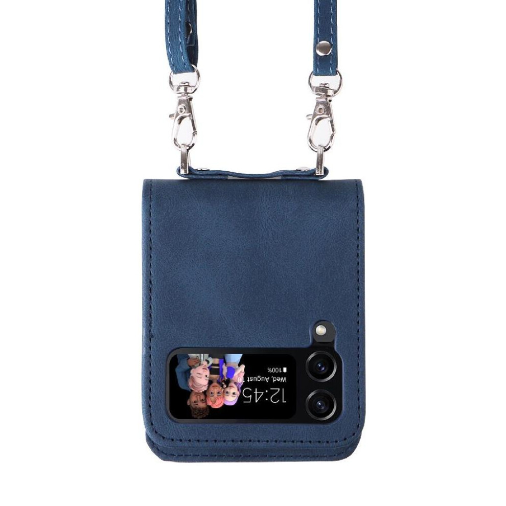 (Blue) Case For Samsung Galaxy Z Flip 4 Short Strap Long Strap Card Slot Holders Shockproof Wallet Blue 764563074501