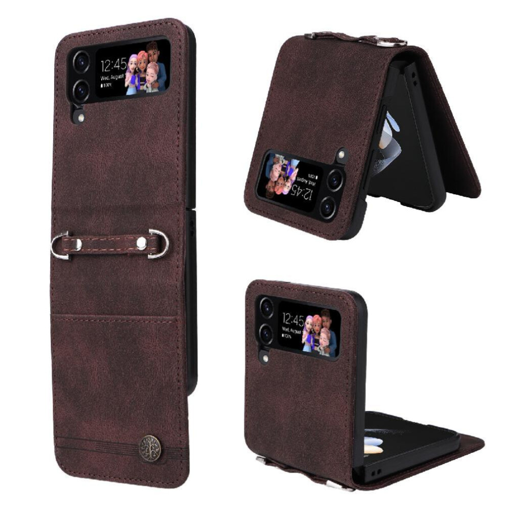(Brown) Case For Samsung Galaxy Z Flip 4 Short Strap Long Strap Card Slot Holders Shockproof Wallet Brown 764563074488