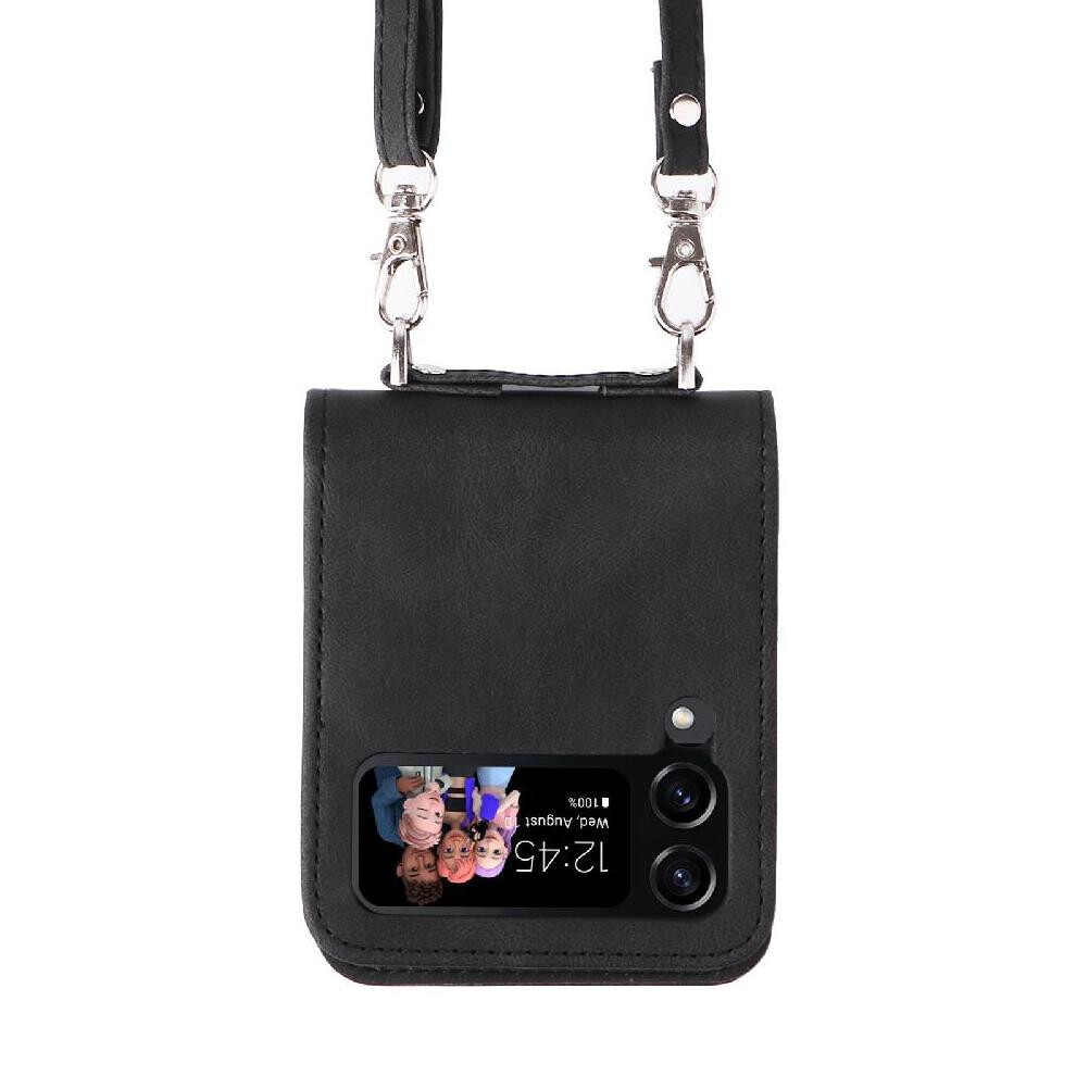 (Black) Case For Samsung Galaxy Z Flip 4 Short Strap Long Strap Card Slot Holders Shockproof Wallet Black 764563074495