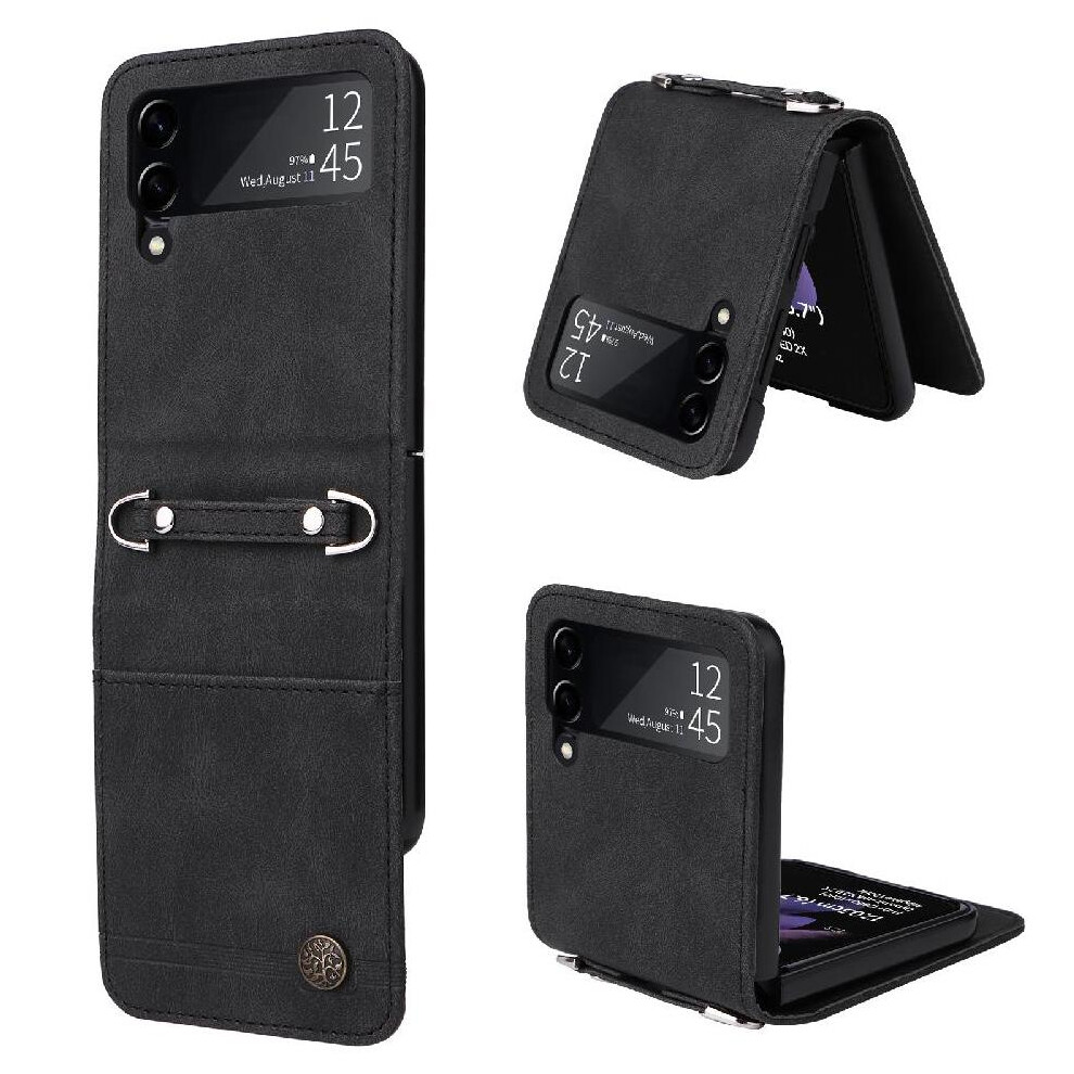 (Black) Case For Samsung Galaxy Z Flip 3 Short Strap Card Slot Holders Wallet Shockproof Long Strap Black 764563074549