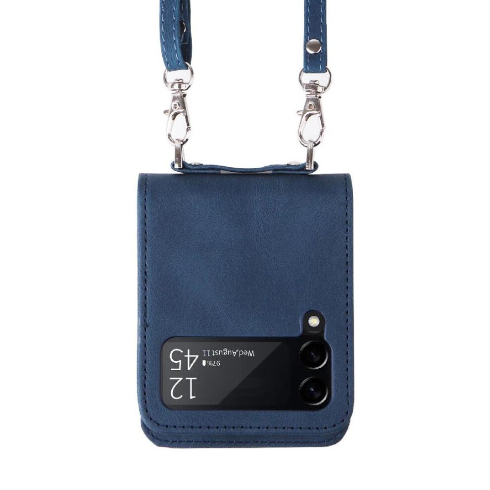 (Blue) Case For Samsung Galaxy Z Flip 3 Short Strap Card Slot Holders Wallet Shockproof Long Strap Blue 764563074556