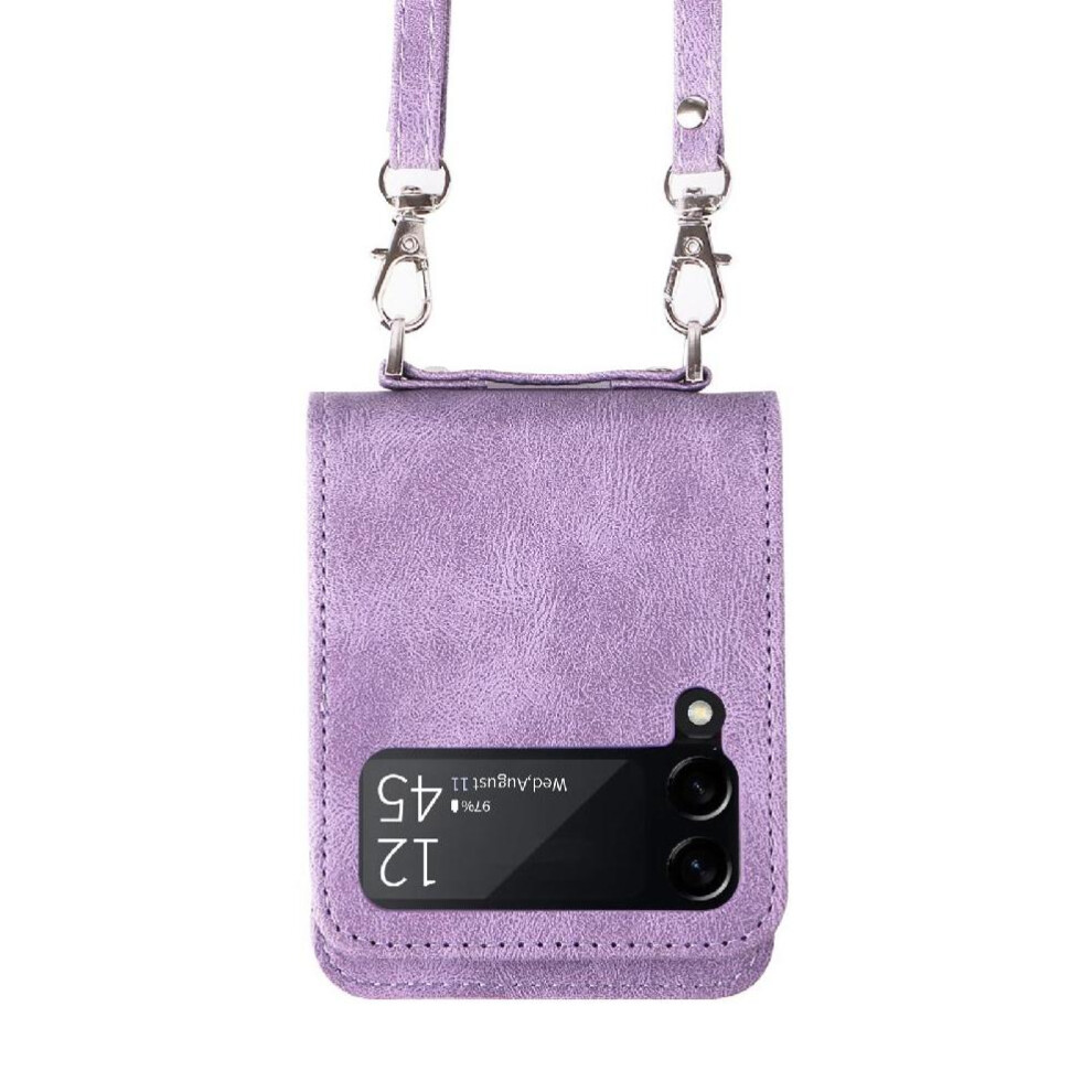 (Purple) Case For Samsung Galaxy Z Flip 3 Short Strap Card Slot Holders Wallet Shockproof Long Strap Purple 764563074525