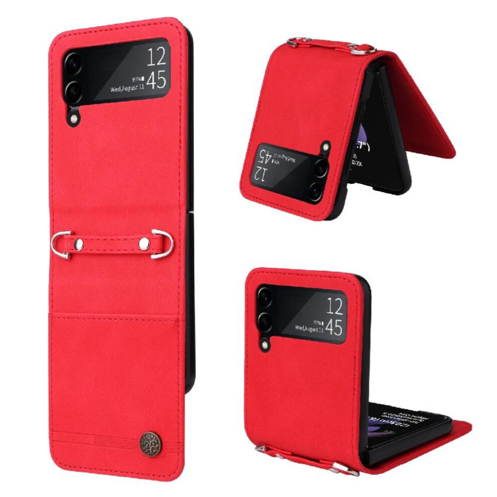 (Red) Case For Samsung Galaxy Z Flip 3 Short Strap Card Slot Holders Wallet Shockproof Long Strap Red 764563074518