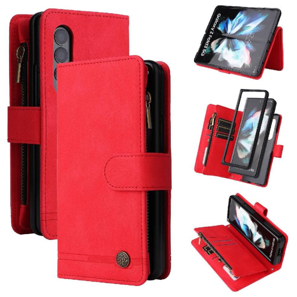 Photos - Case  Flip  for Samsung Galaxy Z Fold 3 Wallet Long Strap Magnetic Closure Short Trap Card Slots(Red)