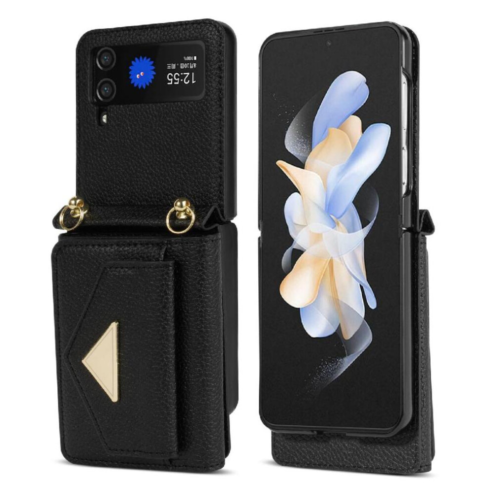 (Black) Accordion Card Case For Samsung Galaxy Z Flip4 Magnetic Closure Card Hold Pu Leather Protective Cover Flip Wallet Case Black 764563074334