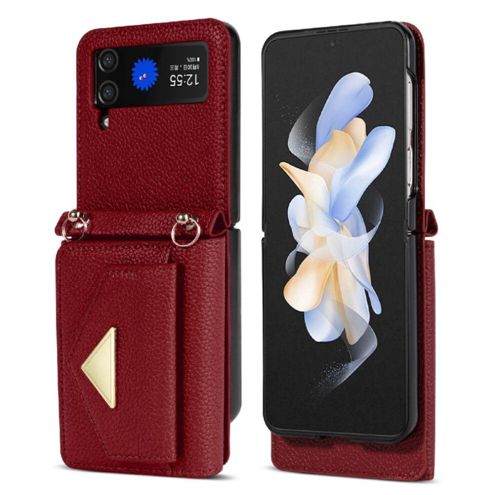 (Red) Accordion Card Case For Samsung Galaxy Z Flip4 Magnetic Closure Card Hold Pu Leather Protective Cover Flip Wallet Case Red 764563074341