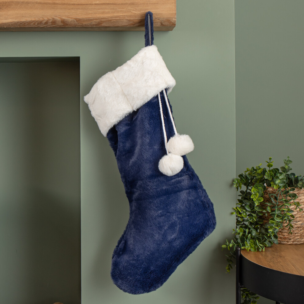 Premier 55Cm Soft Plush Hanging Christmas Stocking With Faux Fur Trim And Pom Poms Blue