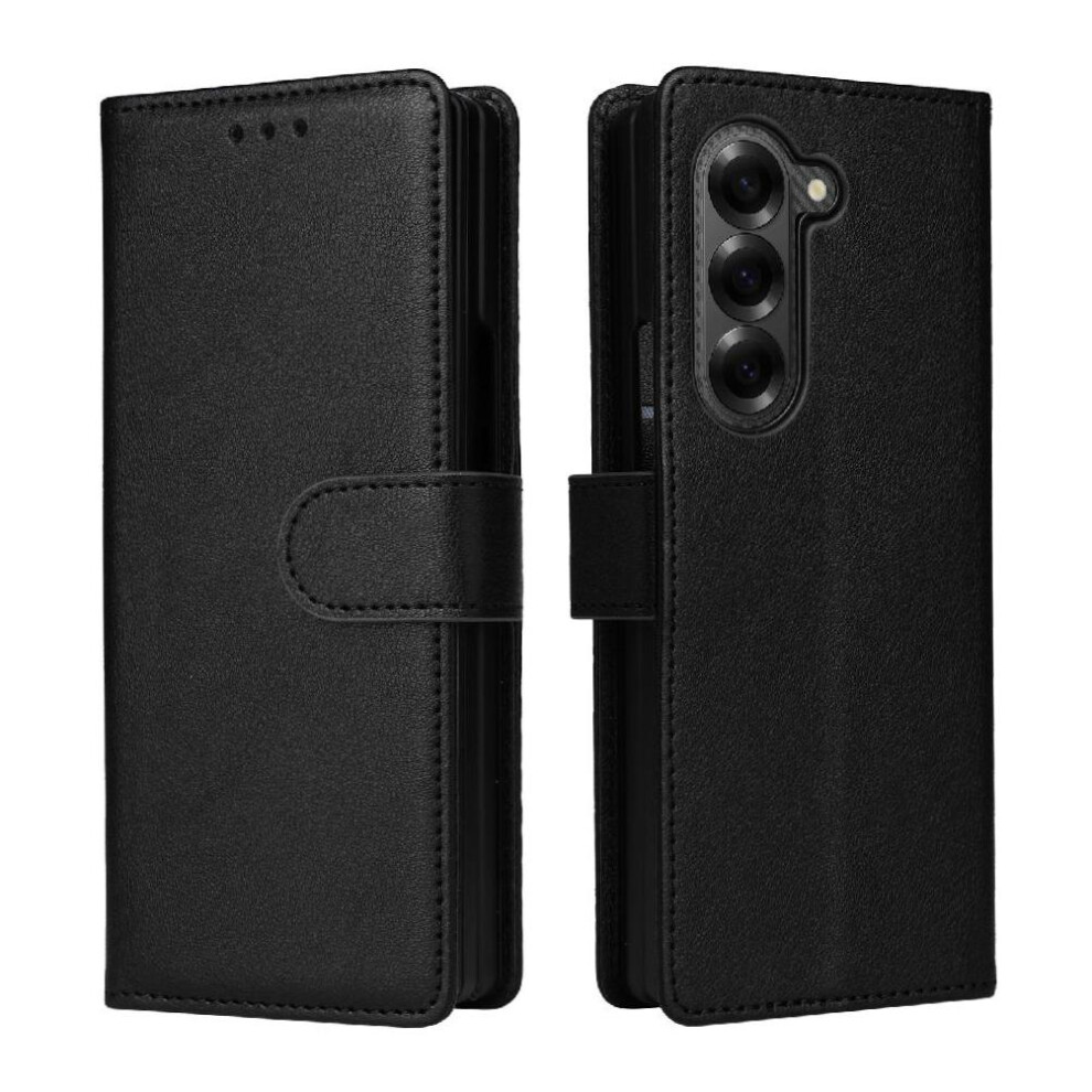 (Black) Flip Case For Samsung Galaxy Z Fold6 Pu Leather Wrist Strap Wallet Case Kickstand Magnetic Card Holder Black 764563076154