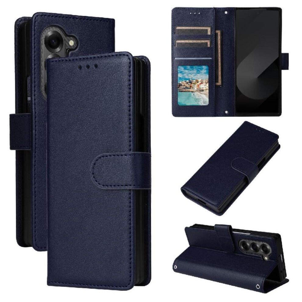 (Blue) Flip Case For Samsung Galaxy Z Fold6 Pu Leather Wrist Strap Wallet Case Kickstand Magnetic Card Holder Blue 764563076178