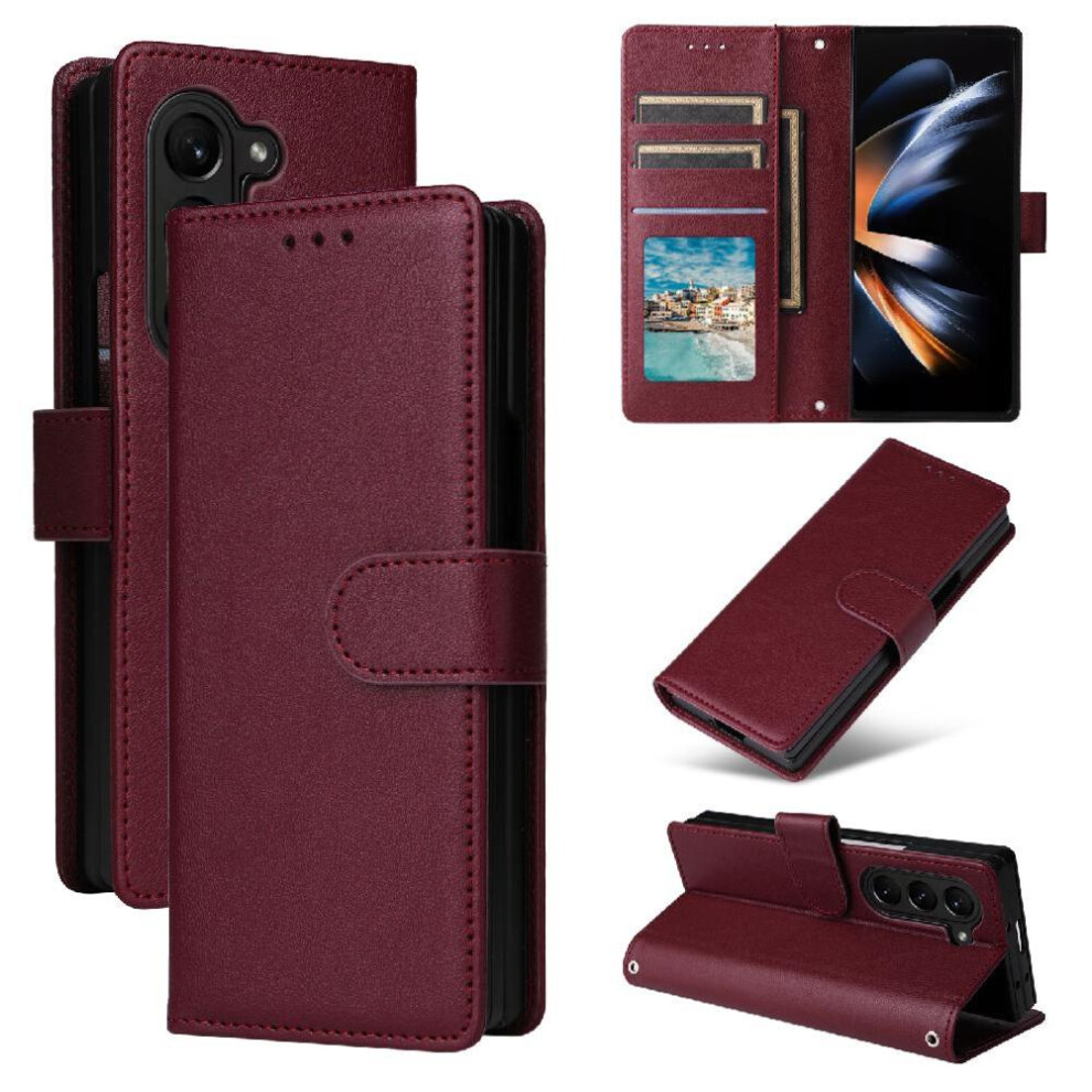 (Red) Flip Case For Samsung Galaxy Z Fold5 Kickstand Magnetic Pu Leather Wallet Case Wrist Strap Card Holder Red 764563076239