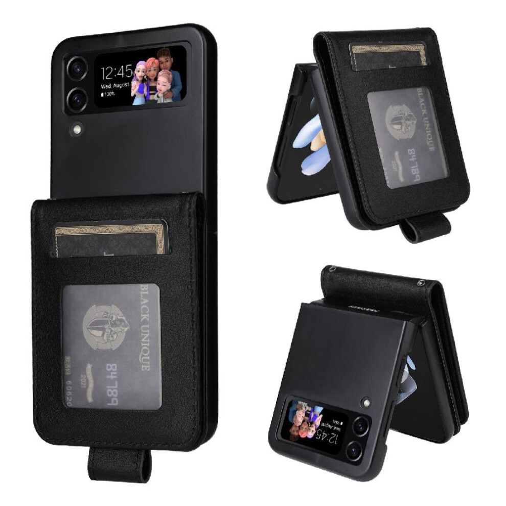 (Black) Flip Case For Samsung Galaxy Z Flip4 Pu Leather Wrist Strap Kickstand Magnetic Card Holder Wallet Case Black 764563076307