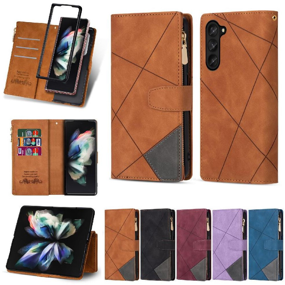 (Brown) Wallet Case For Samsung Galaxy Z Fold5 5 Card Holders Wrist Strap Magnetic Closure Kickstand Brown 764563076413
