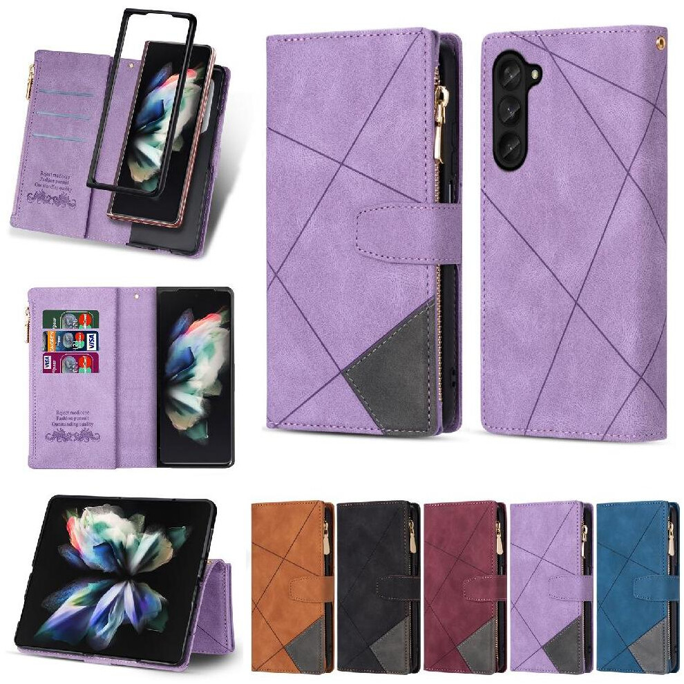 (Purple) Wallet Case For Samsung Galaxy Z Fold5 5 Card Holders Wrist Strap Magnetic Closure Kickstand Purple 764563076420
