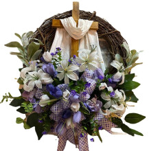 Easter Cross Eucalyptus Wreaths for Front Door Outside Spring Door Hanger Floral Wreath Farmhouse Artificial Rustic Flower Wreath Bows