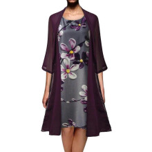 (36, Gray) Women Knee Length Dress Plus Size Floral Print Tank Dress With Half Sleeve Chiffon Shawl Cardigan Two Piece Dresses Suit