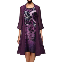 (42, Violet) Women Knee Length Dress Plus Size Floral Print Tank Dress With Half Sleeve Chiffon Shawl Cardigan Two Piece Dresses Suit