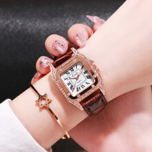 (brown) Fashionable square diamond-encrusted ladies' leather strap watch, simple Roman numeral rhinestone quartz ladies' watch