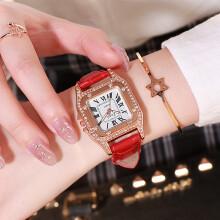 (red) Fashionable square diamond-encrusted ladies' leather strap watch, simple Roman numeral rhinestone quartz ladies' watch