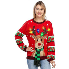 (M, RED) Womens LED Light Up Reindeer Ugly Christmas Sweater Built-in Light Bulbs