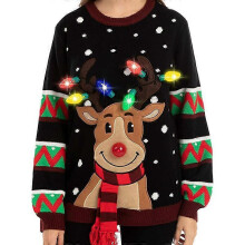 (S, BLACK) Womens LED Light Up Reindeer Ugly Christmas Sweater Built-in Light Bulbs