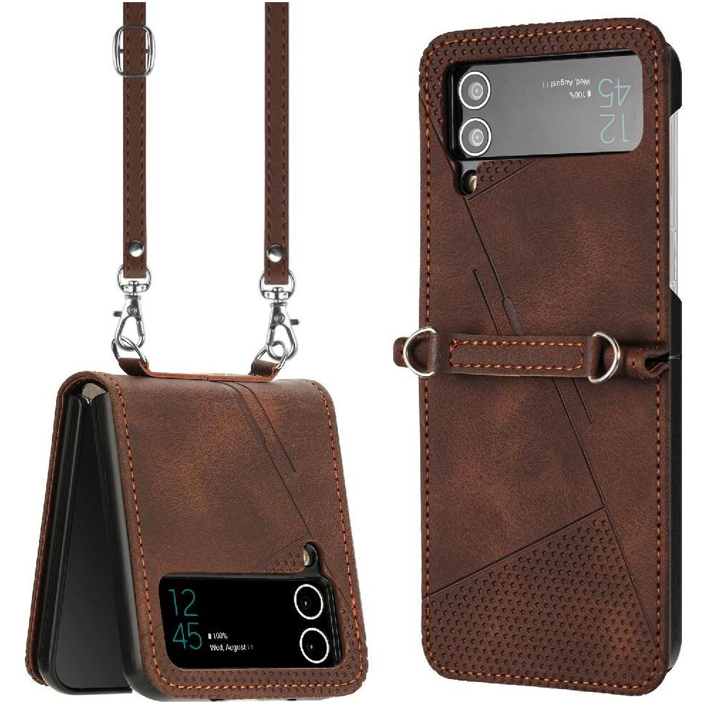 (Brown) Phone Case For Samsung Galaxy Z Flip 4 5G Detachable Lanyard Card Slot Kickstand Leather Handbag Brown 764563079445