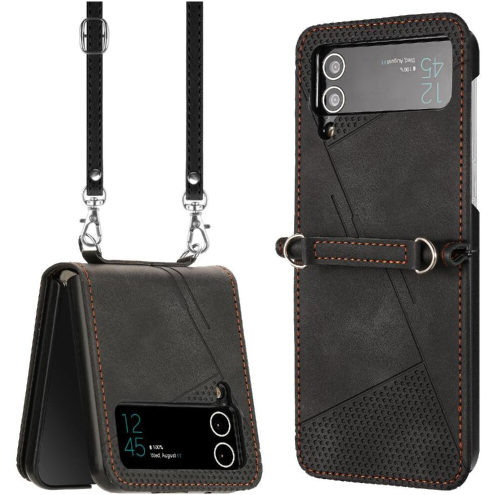 (Black) Phone Case For Samsung Galaxy Z Flip 4 5G Detachable Lanyard Card Slot Kickstand Leather Handbag Black 764563079469