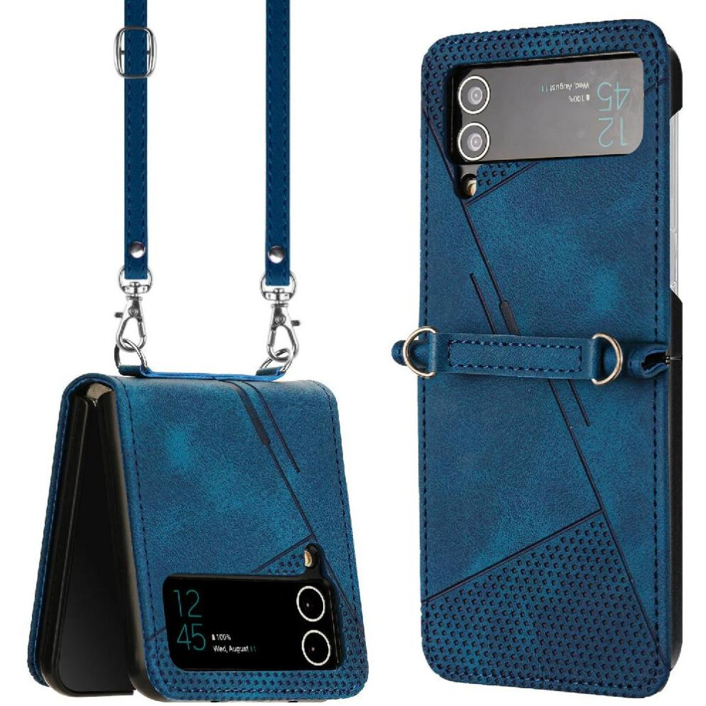 (Blue) Phone Case For Samsung Galaxy Z Flip 4 5G Detachable Lanyard Card Slot Kickstand Leather Handbag Blue 764563079438