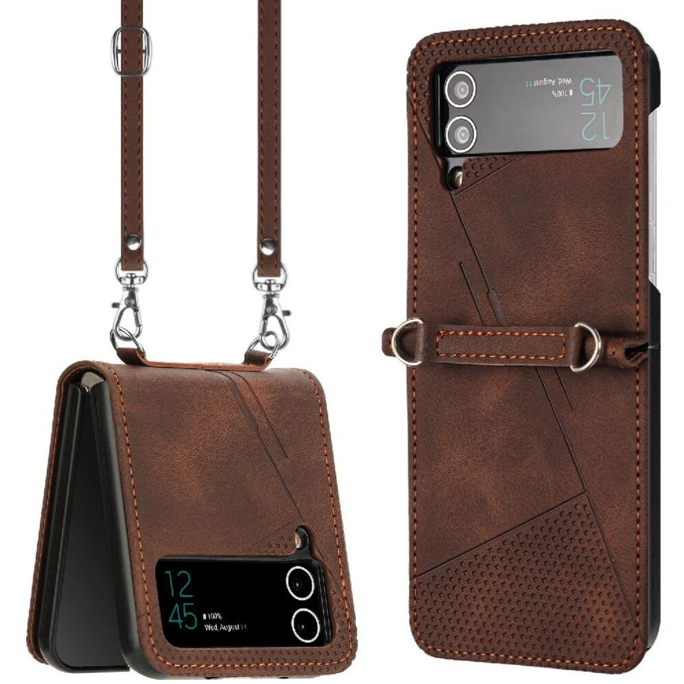 (Brown) Phone Case For Samsung Galaxy Z Flip 3 5G Detachable Lanyard Kickstand Card Slot Leather Handbag Brown 764563079490