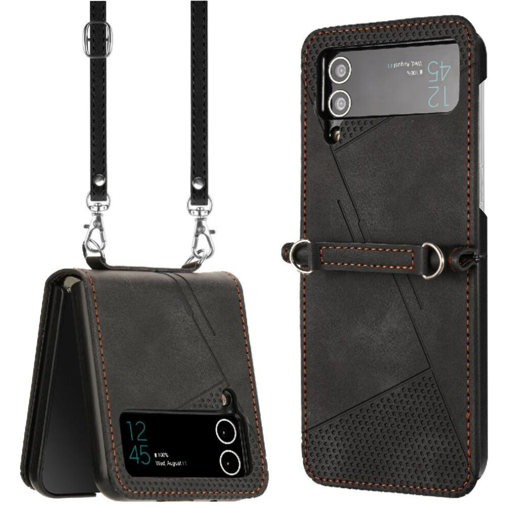 (Black) Phone Case For Samsung Galaxy Z Flip 3 5G Detachable Lanyard Kickstand Card Slot Leather Handbag Black 764563079513