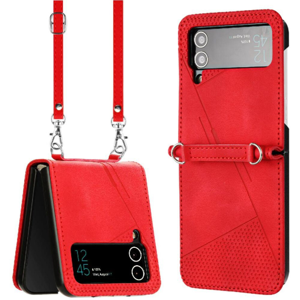 (Red) Phone Case For Samsung Galaxy Z Flip 3 5G Detachable Lanyard Kickstand Card Slot Leather Handbag Red 764563079506