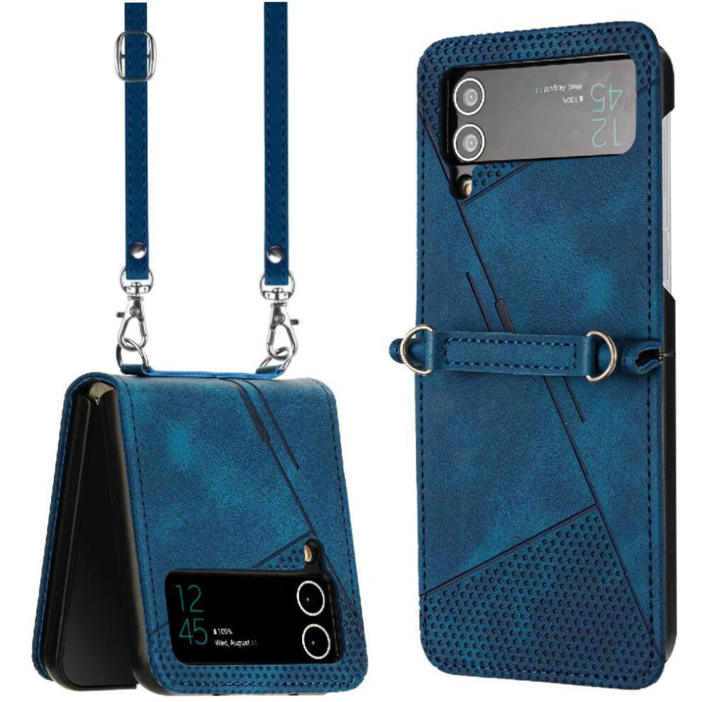 (Blue) Phone Case For Samsung Galaxy Z Flip 3 5G Detachable Lanyard Kickstand Card Slot Leather Handbag Blue 764563079483