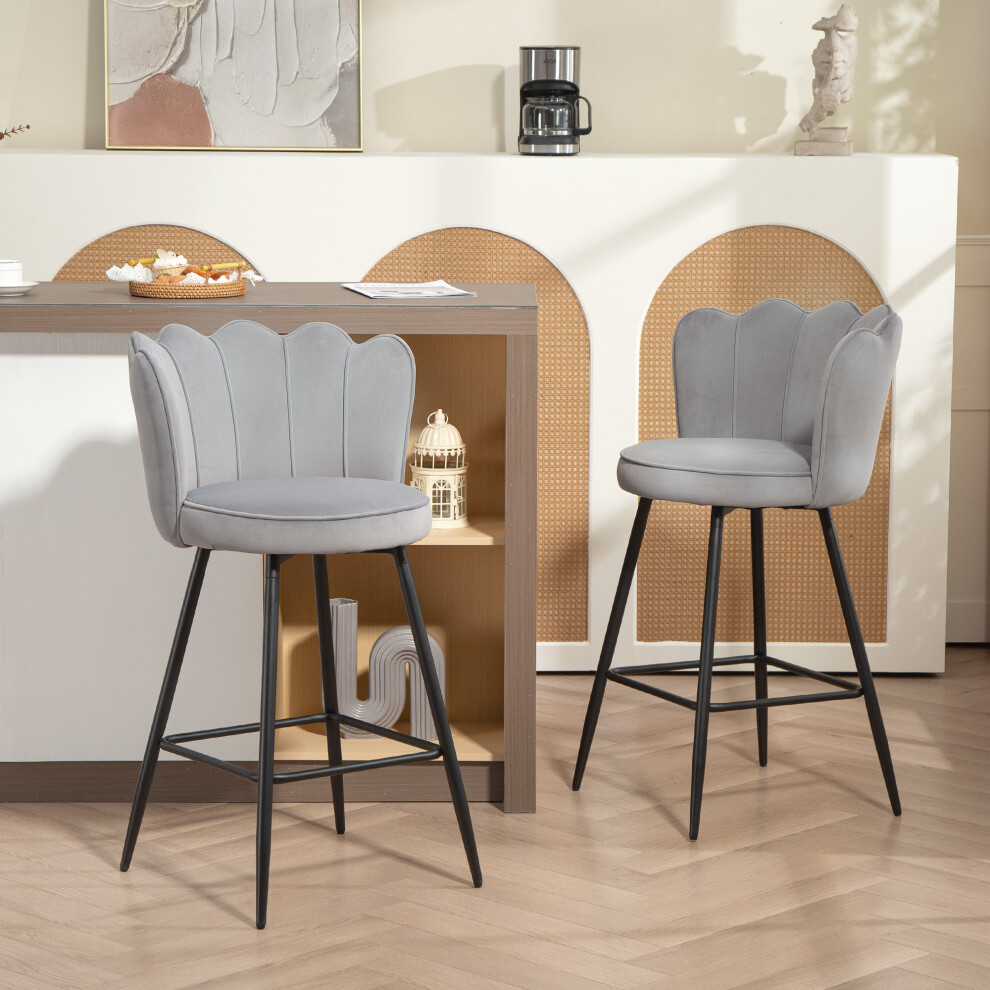 Homcom (Grey) Set Of 2 Barstools With Petal Backrest For Kitchen Island
