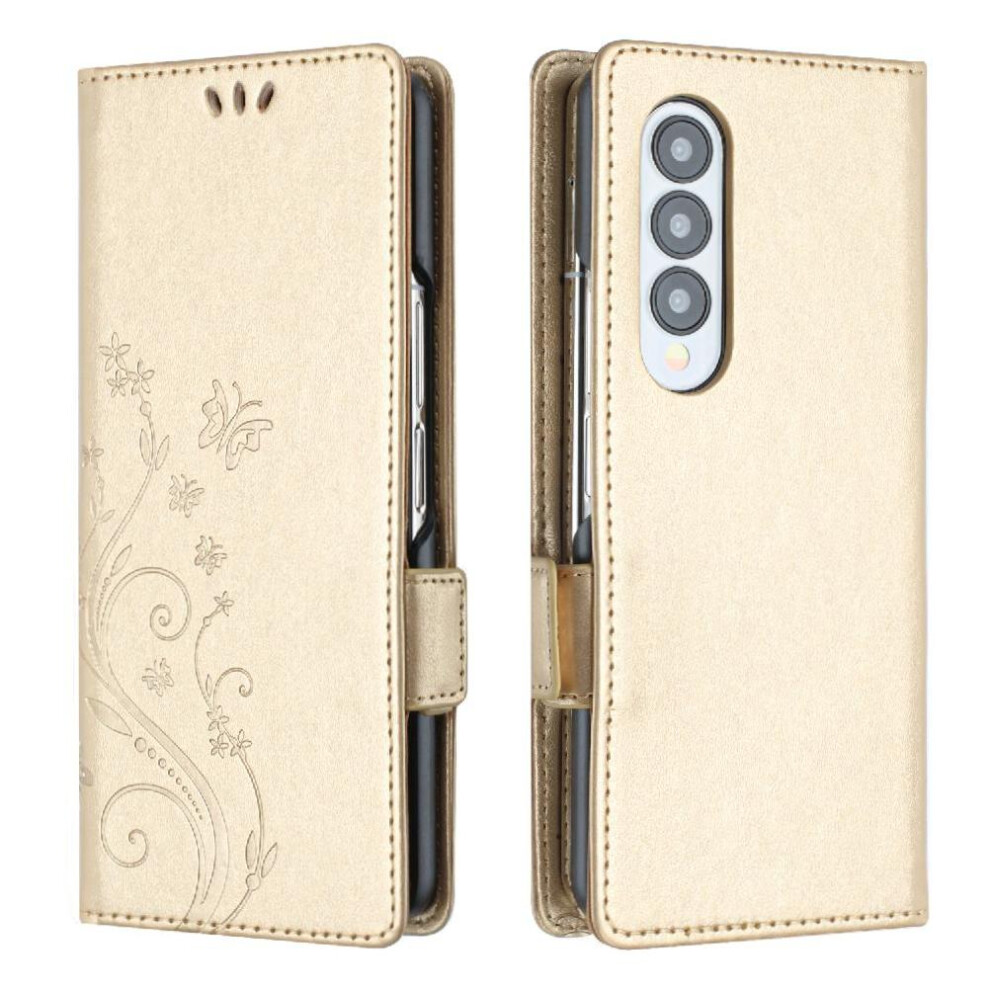 (Gold) Filp Case For Samsung Galaxy Z Fold5 Pu Leather Kickstand Magnetic Closure Wrist Strap Card Holder Gold 764563081202