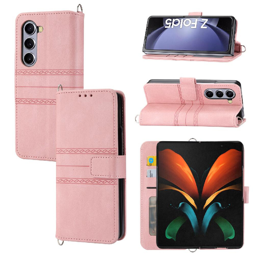 (Pink) Flip Case For Samsung Galaxy Z Fold5 Pu Leather Magnetic Closure Shockproof Protective Wallet Case Kickstand Pink 764563082049
