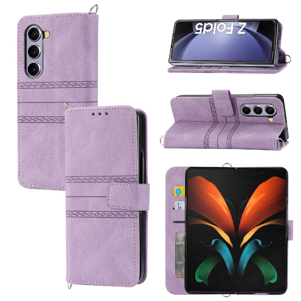 (Purple) Flip Case For Samsung Galaxy Z Fold5 Pu Leather Magnetic Closure Shockproof Protective Wallet Case Kickstand Purple 764563082087
