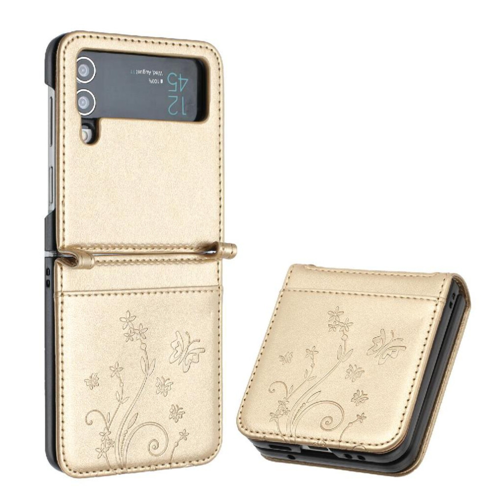 (Gold) Filp Case For Samsung Galaxy Z Flip4 Magnetic Closure Pu Leather Card Holder Wrist Strap Kickstand Gold 764563081301