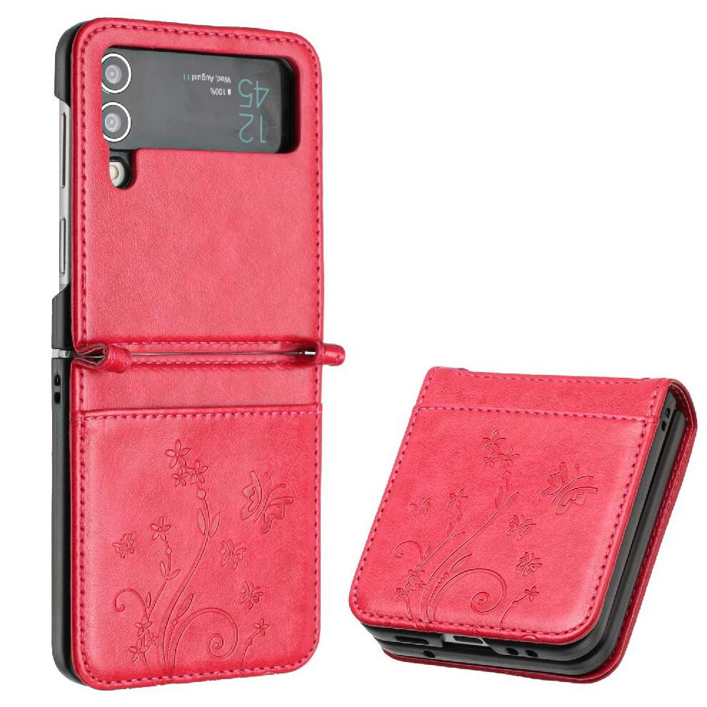 (Red) Filp Case For Samsung Galaxy Z Flip4 Magnetic Closure Pu Leather Card Holder Wrist Strap Kickstand Red 764563081332