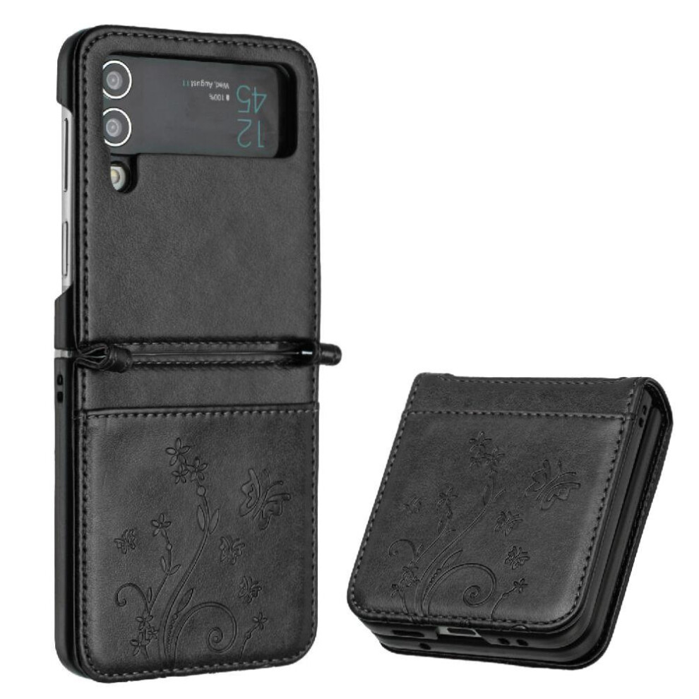 (Black) Filp Case For Samsung Galaxy Z Flip4 Magnetic Closure Pu Leather Card Holder Wrist Strap Kickstand Black 764563081356