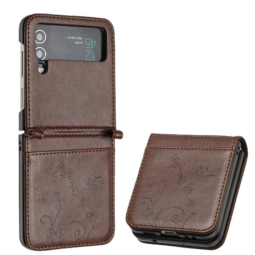 (Brown) Filp Case For Samsung Galaxy Z Flip4 Magnetic Closure Pu Leather Card Holder Wrist Strap Kickstand Brown 764563081288