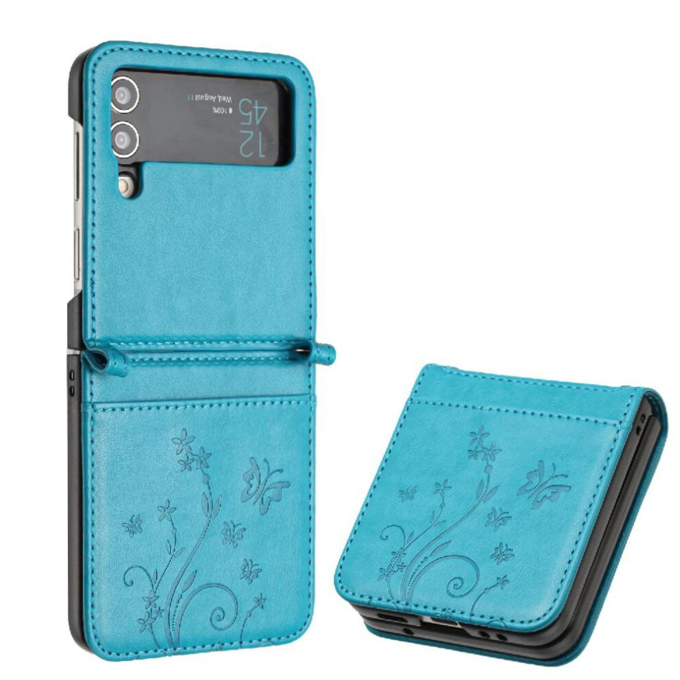 (Blue) Filp Case For Samsung Galaxy Z Flip4 Magnetic Closure Pu Leather Card Holder Wrist Strap Kickstand Blue 764563081370