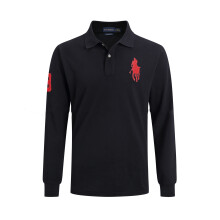 (Black, L) Men's Large Pony Casual Long Sleeve Collared T-Shirt Sports T-Shirts Button Tops