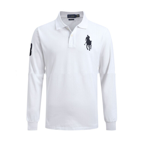 (white, XL) Men's Large Pony Casual Long Sleeve Collared T-Shirt Sports T-Shirts Button Tops
