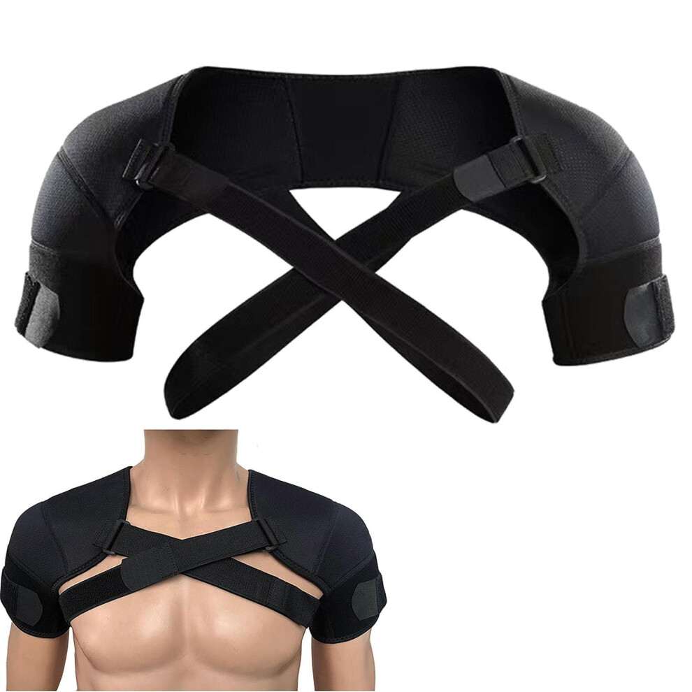 Adjustable Double Compression Shoulder Support Brace, Double Bandage Crossover Straps Wrap for Rotator Cuff Pain Relief