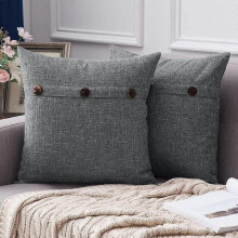Set of 2 Decorative Linen Throw Pillow Covers Cushion Case Triple Button Vintage Farmhouse Pillowcase for Couch Sofa Bed 18 x 18 Inch 45 x 45 cm Dark