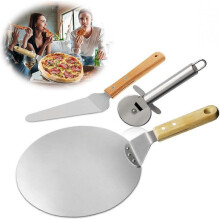 3pcs Pizza Wheel, Pizza Shovel, Stainless Steel Cake Shovel Wooden Handle, Great for Pie, Pizza or Cake