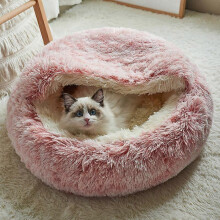 Pet Cat Small Dog Round Plush Warm Bed Semi-enclosed Nest for Puppy Kitten Deep Sleep Bed Soft Fluffy Calming Kennel-pink/15.75in